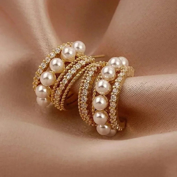 Gold or Silver Pearl Hoop Earrings CZ Diamond Hoops Wedding Party Hoop Earrings - Picture 2 of 4